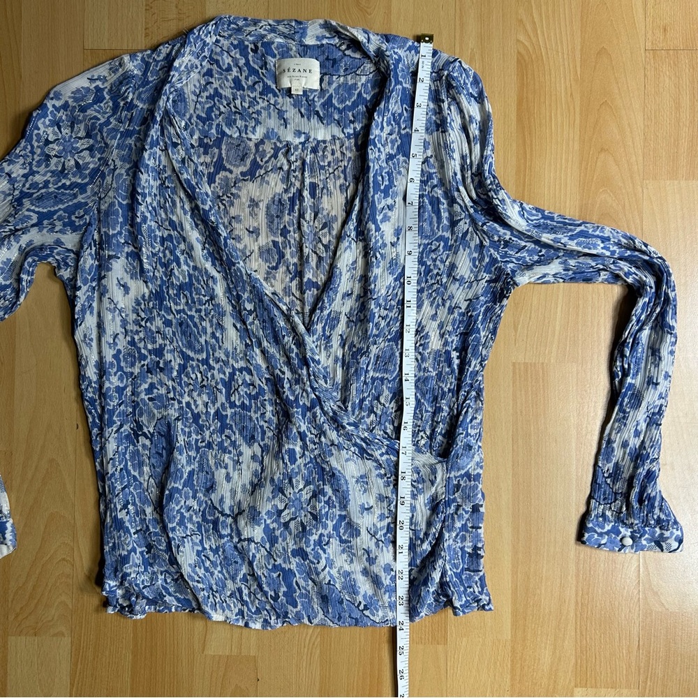 Sezane Amelia Blue and White Floral V Neck Faux Wrap Blouse - Picture 13 of 13